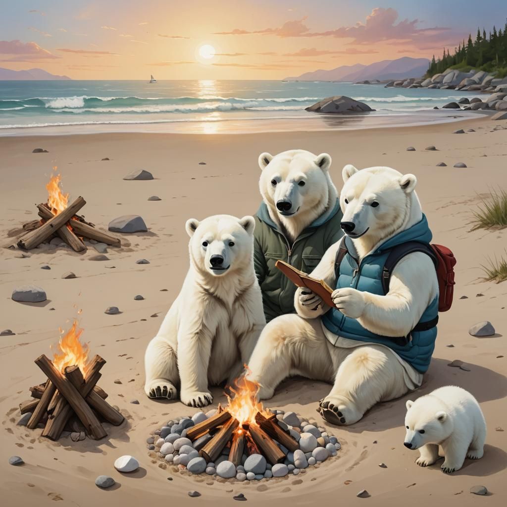 Polar Bear Family Camping at Sunset