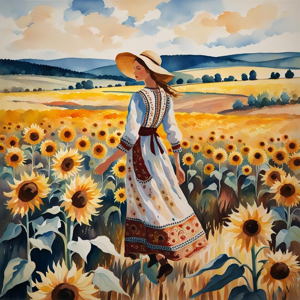 Ukrainian Woman in Sunflower Field Watercolor Painting