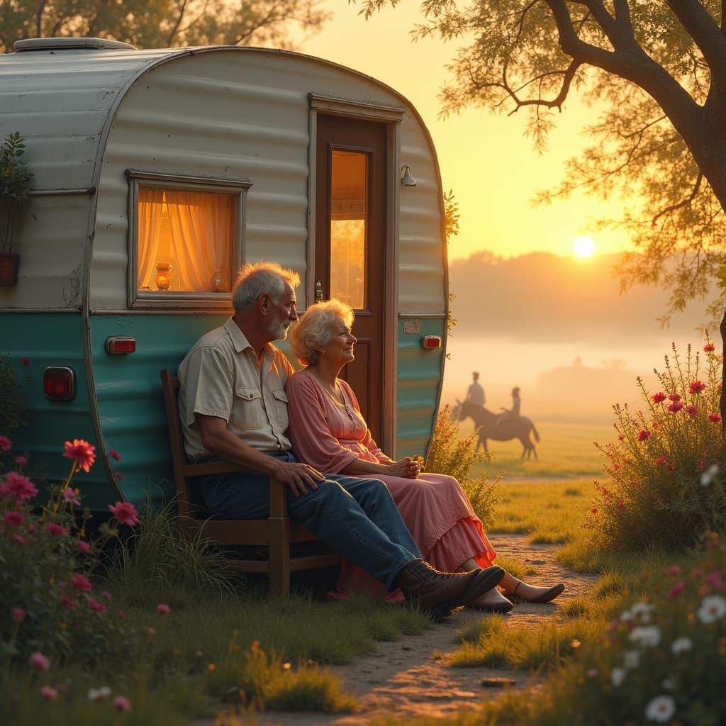 Elderly Couple's Loving Gaze in Golden Light