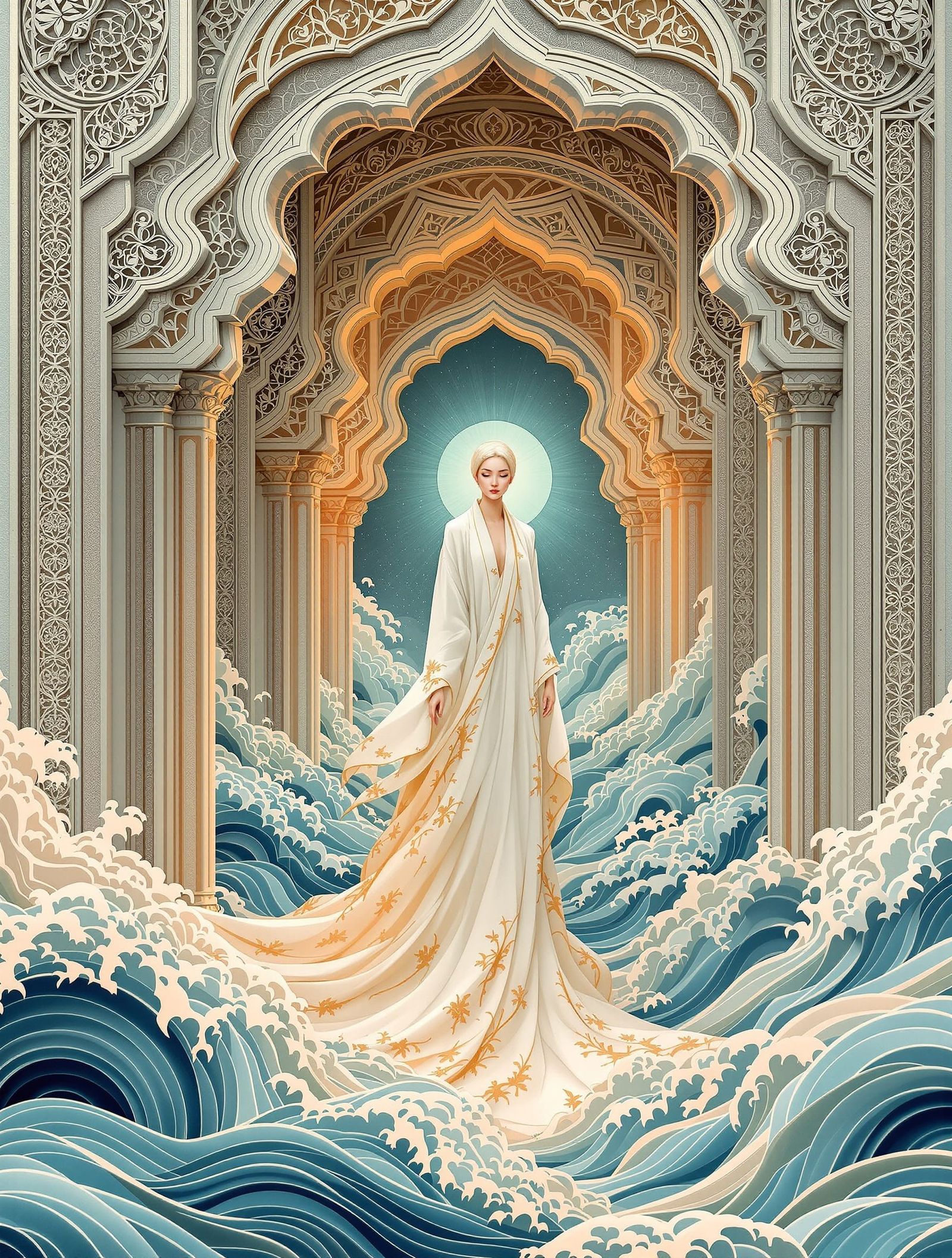 Serene Figure Amidst Ornate Archways in Paper Art