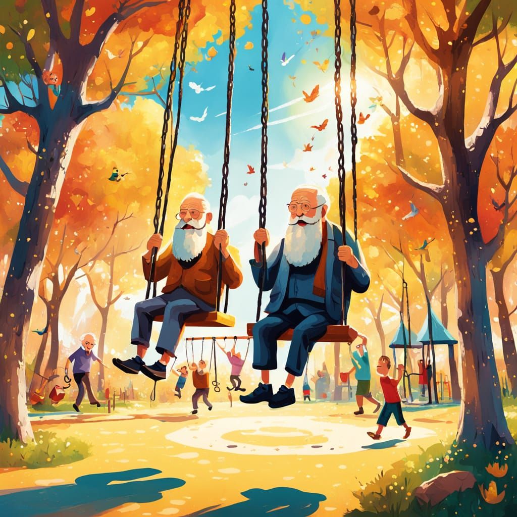 Whimsical Illustration of Old Men on Playground Swings