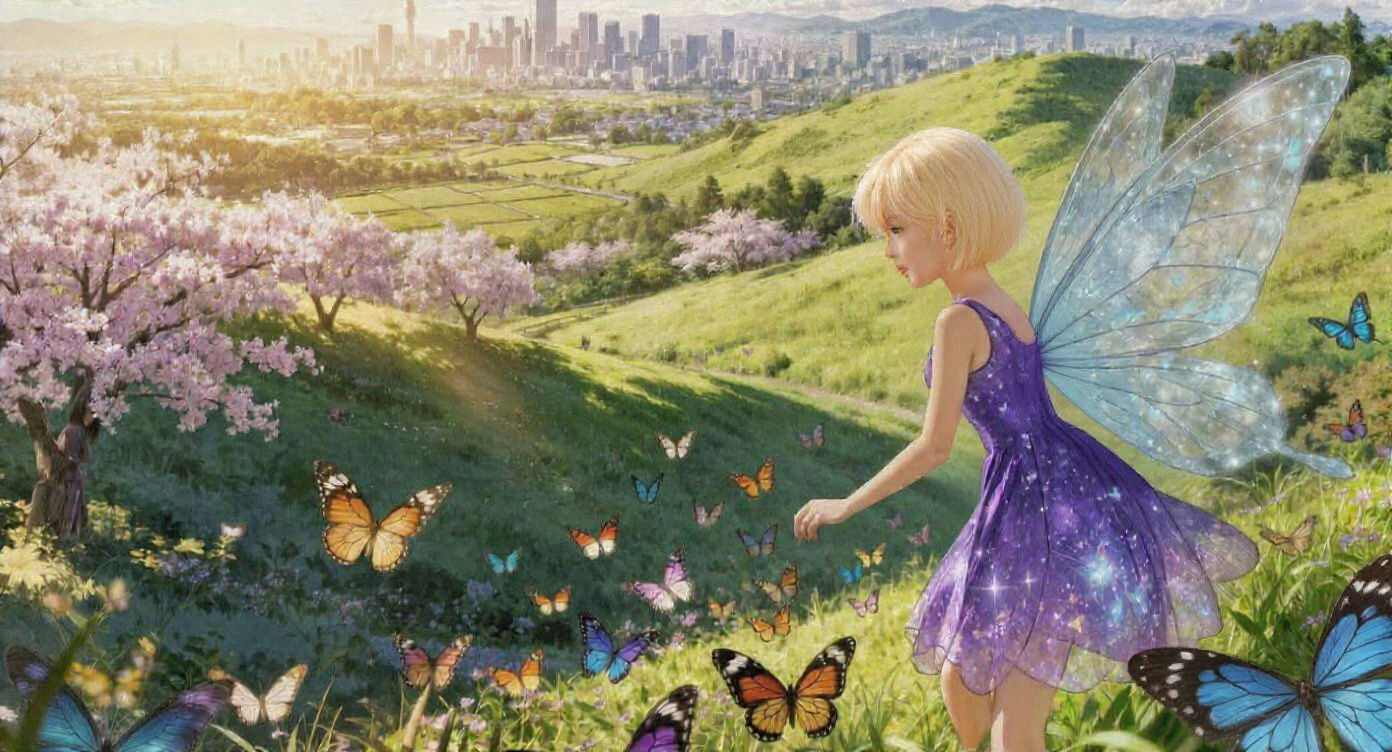 Purple Fairy in Tokyo with Butterfly Friends, Anime Style
