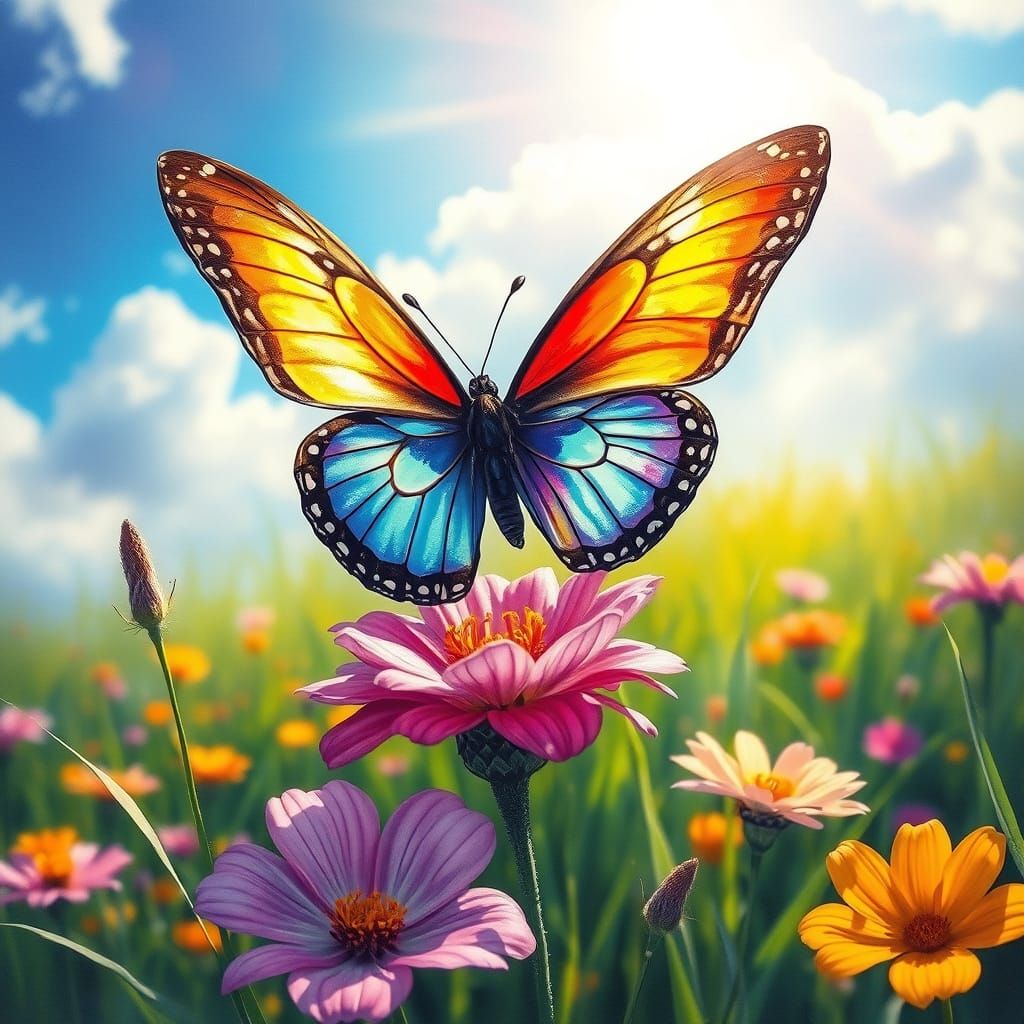 Magnificent Butterfly Lands on Vibrant Flower in Heavenly Su...