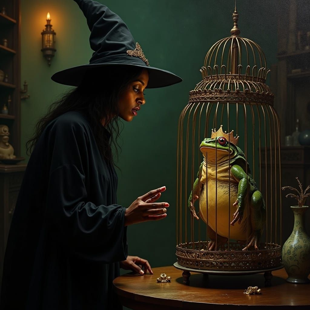 African Witch Mocks Caged Prince Frog in Oil Painting