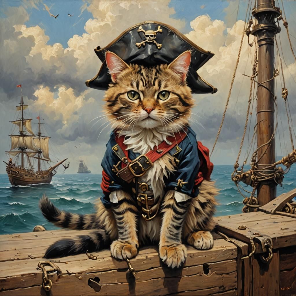 Pirate Cat Portrait in Oil Painting Style