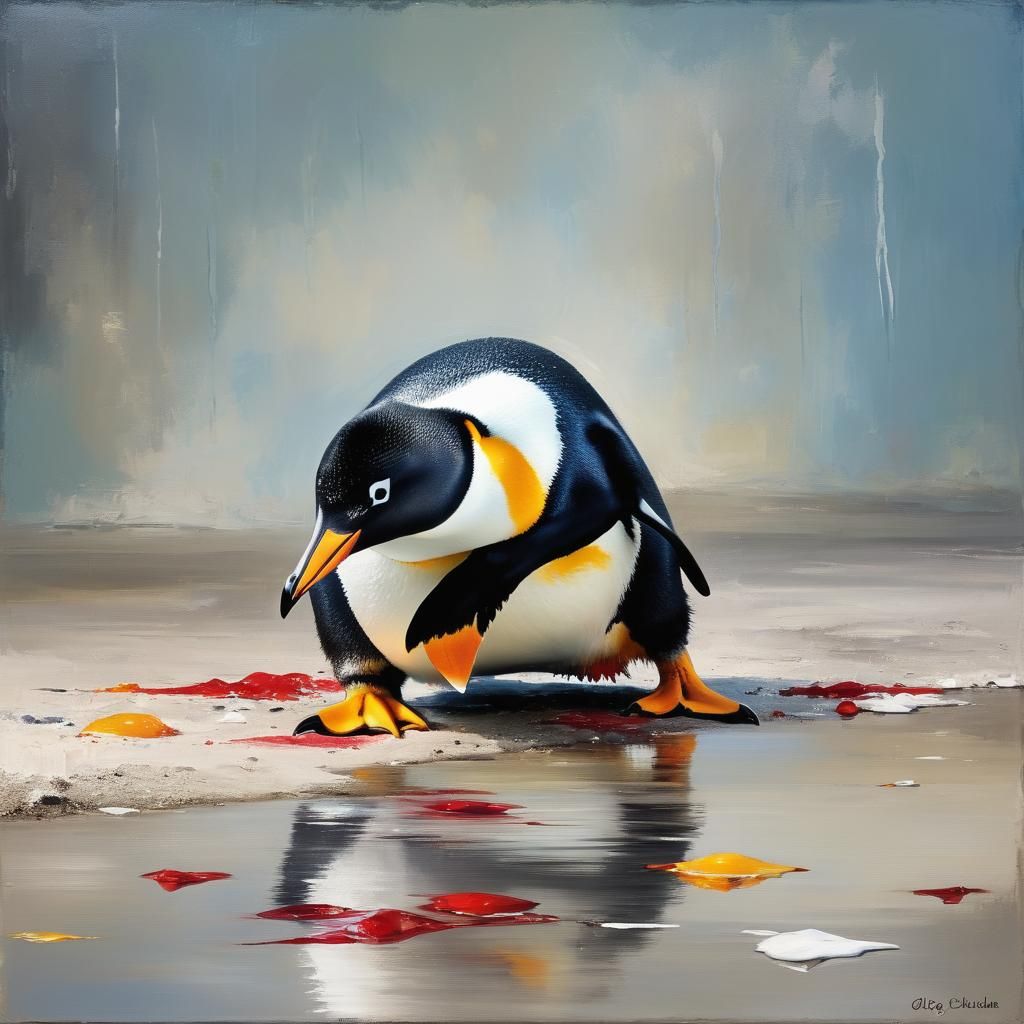 Cyberpunk Penguin in Downward Dog Pose