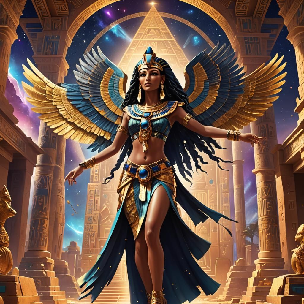 Winged Goddess Isis Dancing in Egyptian Temple