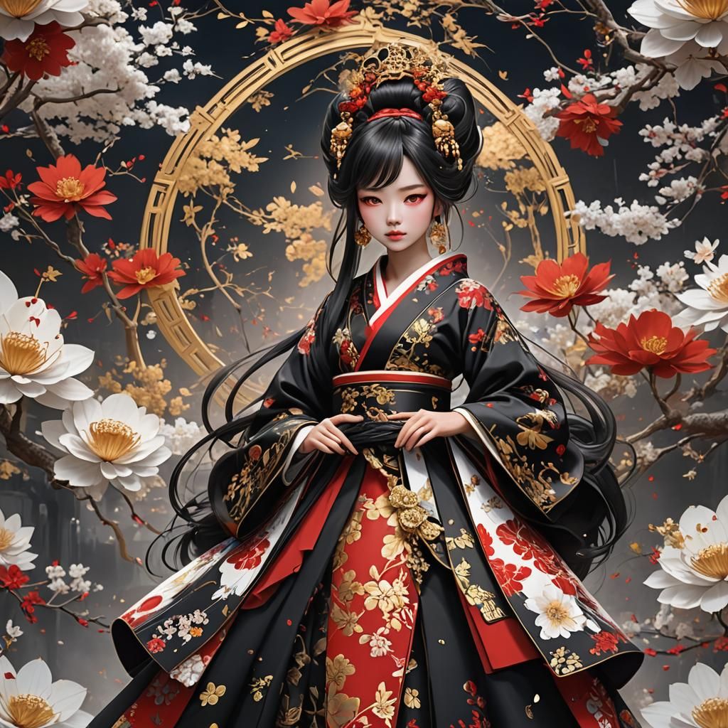 Kimono-Inspired Princess Ball Gown in Fantasy Art Style