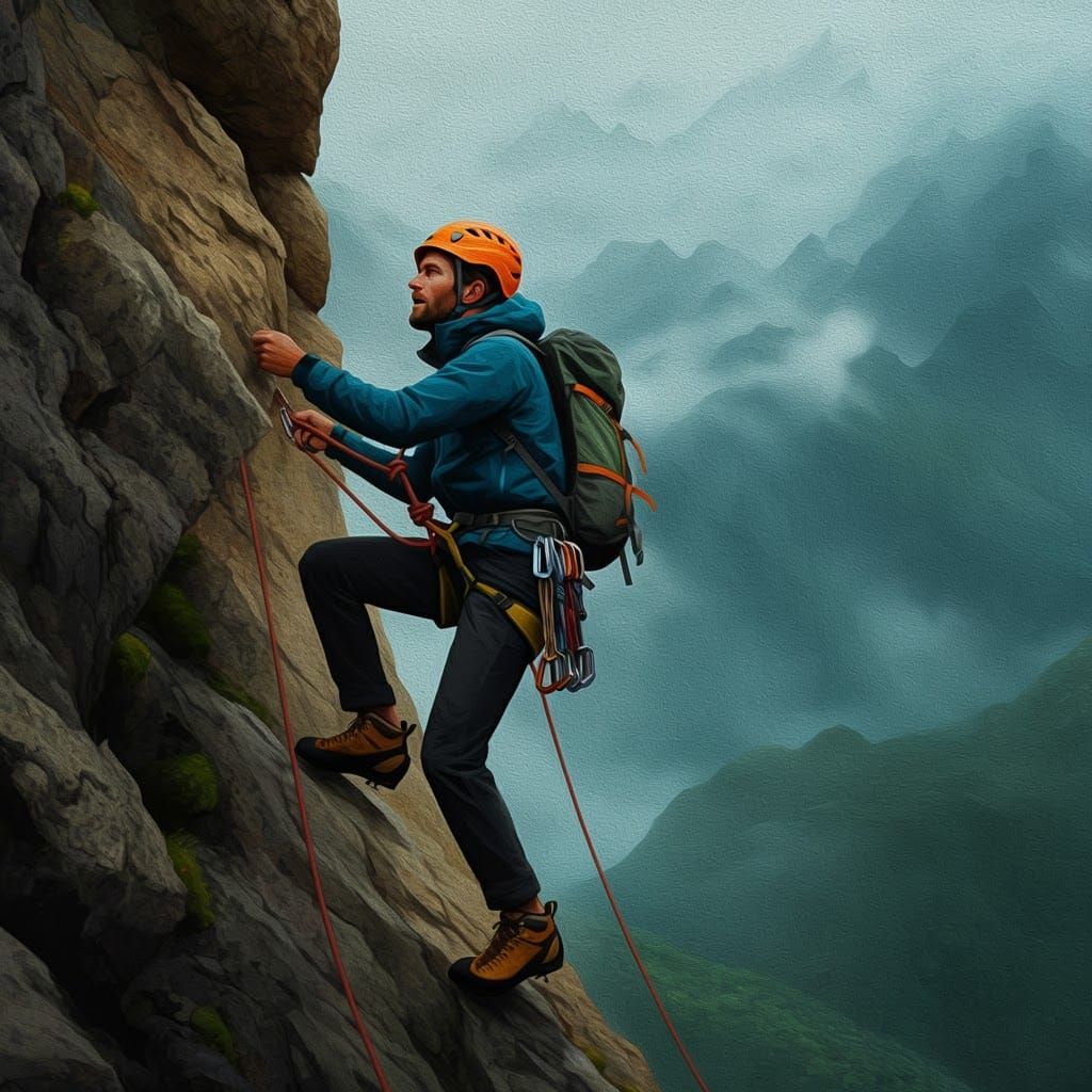Mountain Climber Ascends Cliff Face in Atmospheric Landscape
