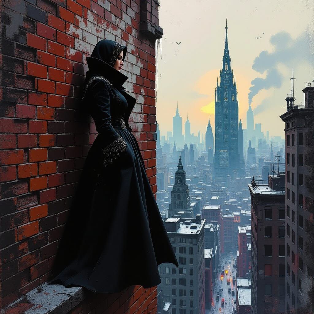 Dystopian Woman in Cityscape, in Gothic Surreal Style
