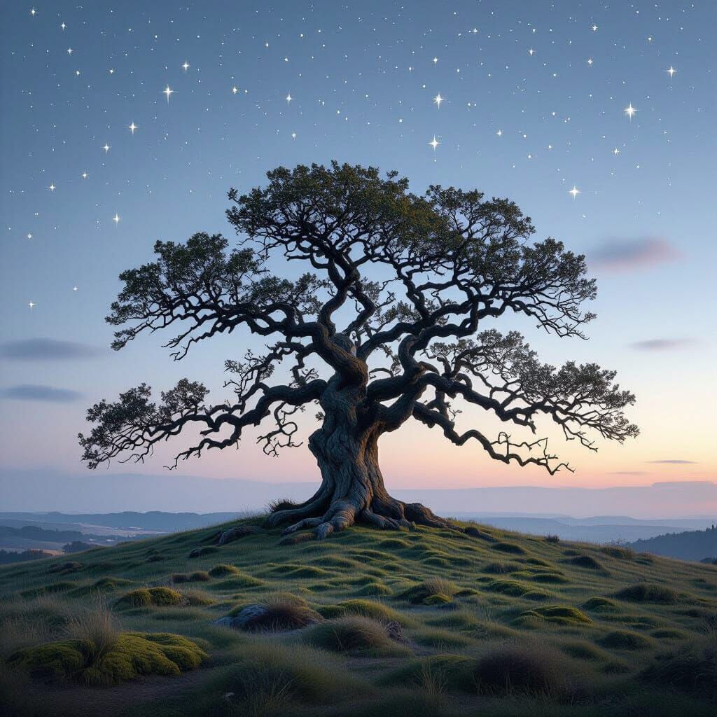 Ancient Oak Tree on Windswept Hill Under Twilight Sky