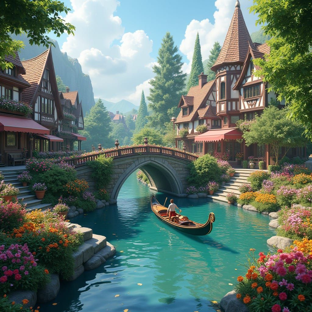 Whimsical Garden Oasis with Majestic Bridge and Gondola