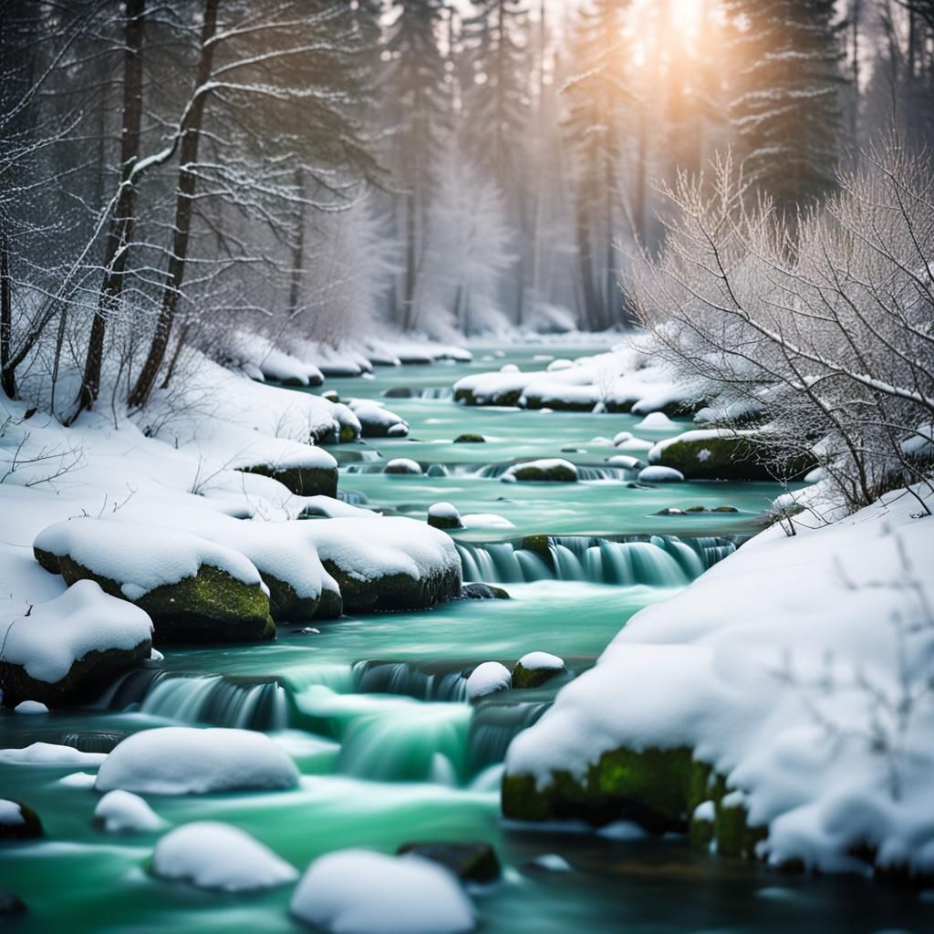 Frozen River Through Green Forest: Photography
