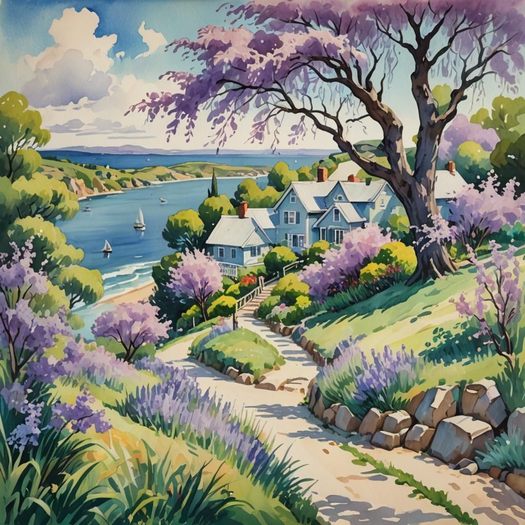 Coastal Cottage in Watercolor Gouache Style