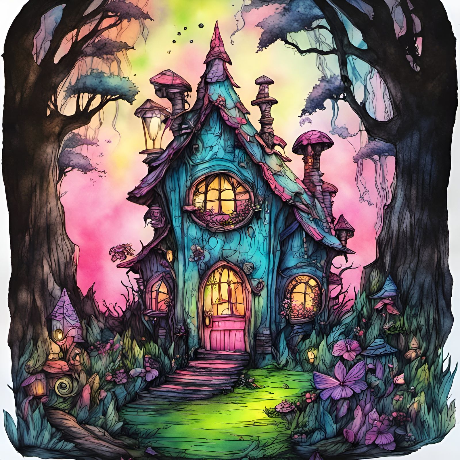 neon fantasy fairy house