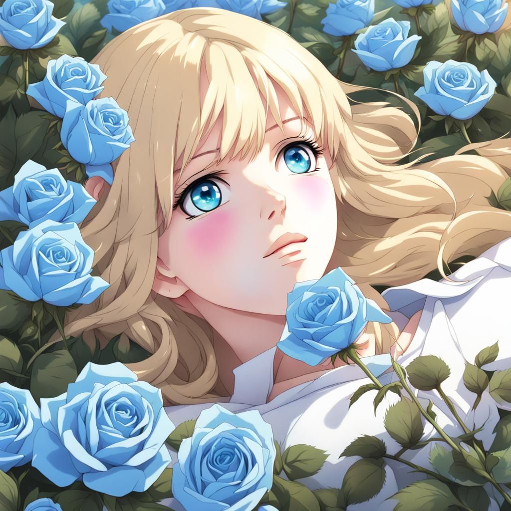 Anime Girl in Blue Rose Field