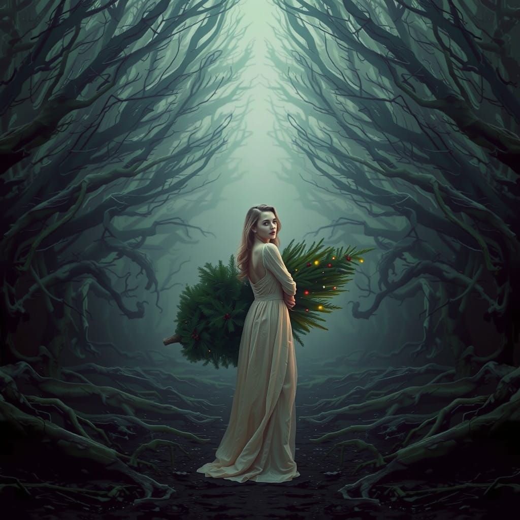 Ethereal Woman Lost in Mysterious Forest, Christmas Tree in....