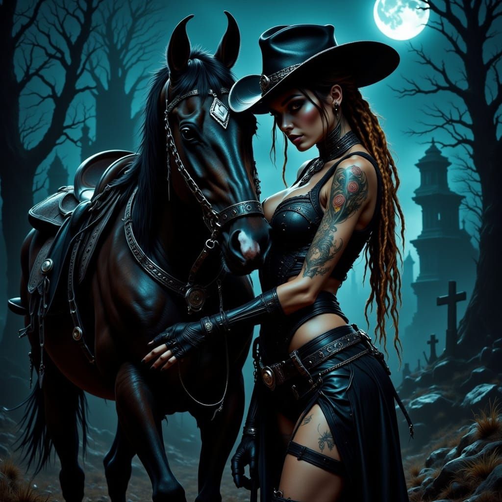 Gothic Cowgirl and Horse in Moonlit Graveyard