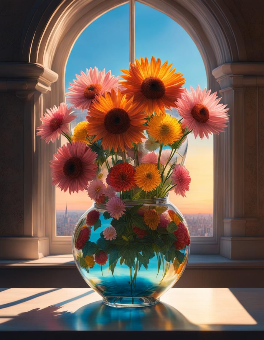 Floral Vase Dreamscape with Glass City Sunset