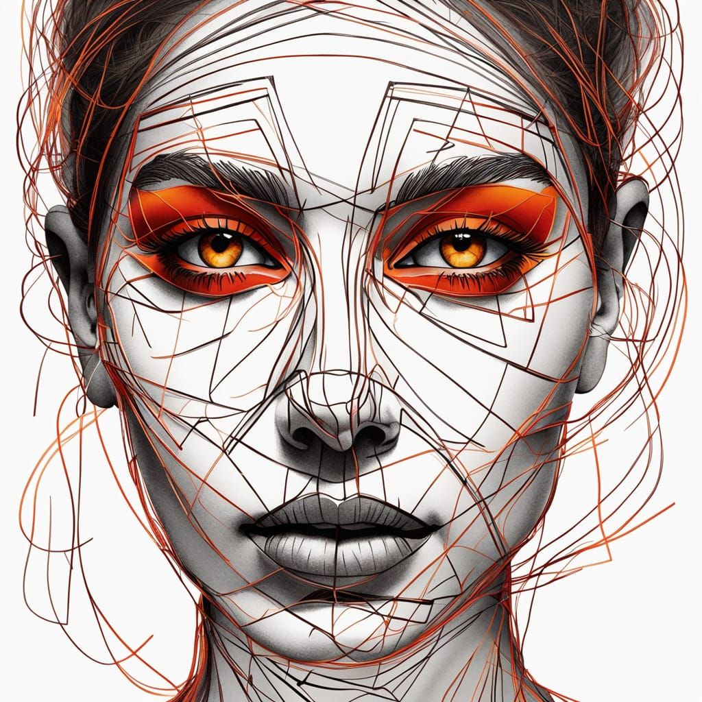 a drawing of a woman's face with a red eyeshadow, in the sty...