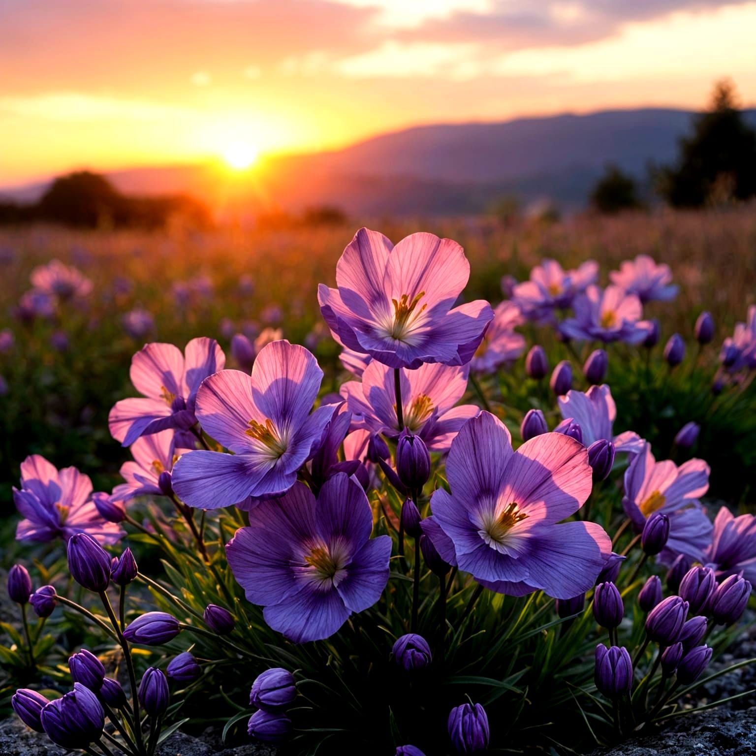 Vibrant Purple Blooms Amidst a Warm Sunset