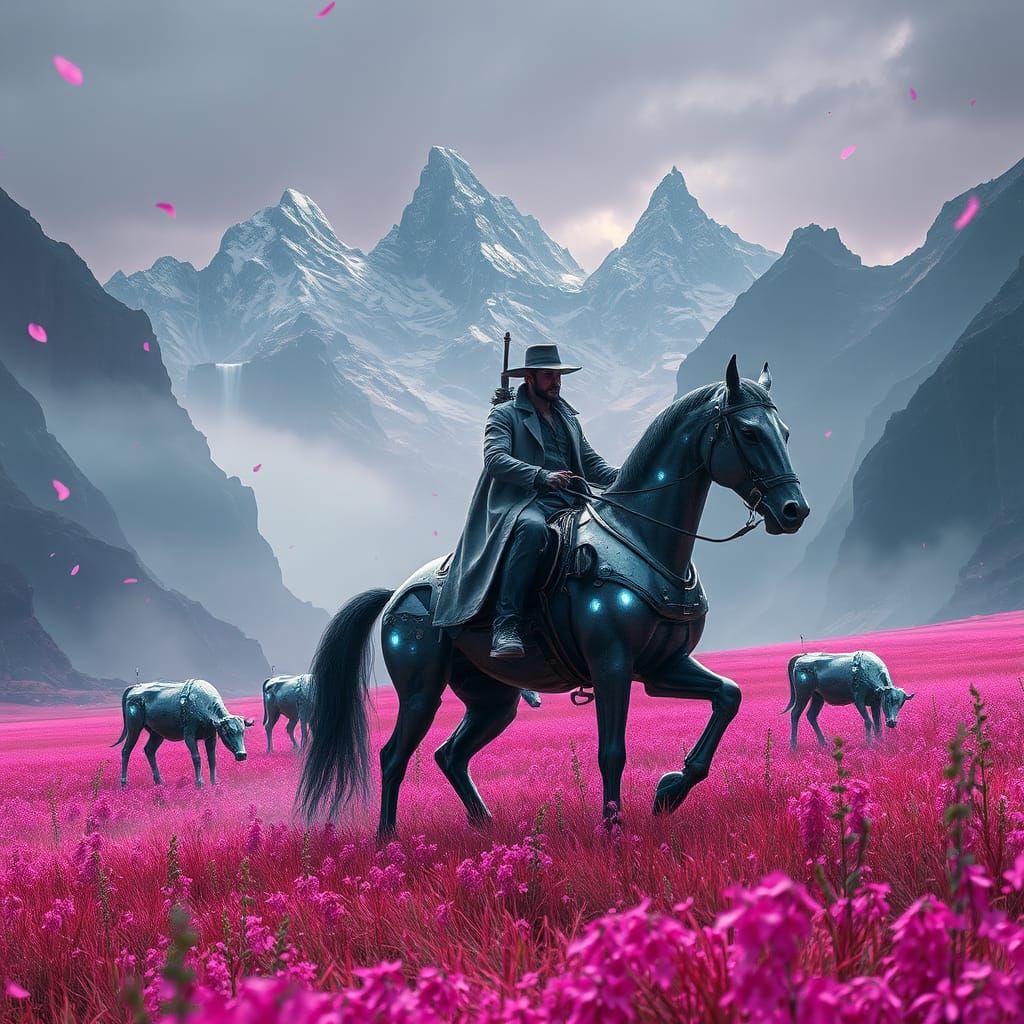 Cyberpunk Cowboy Rides Robotic Horse in Neon Meadow