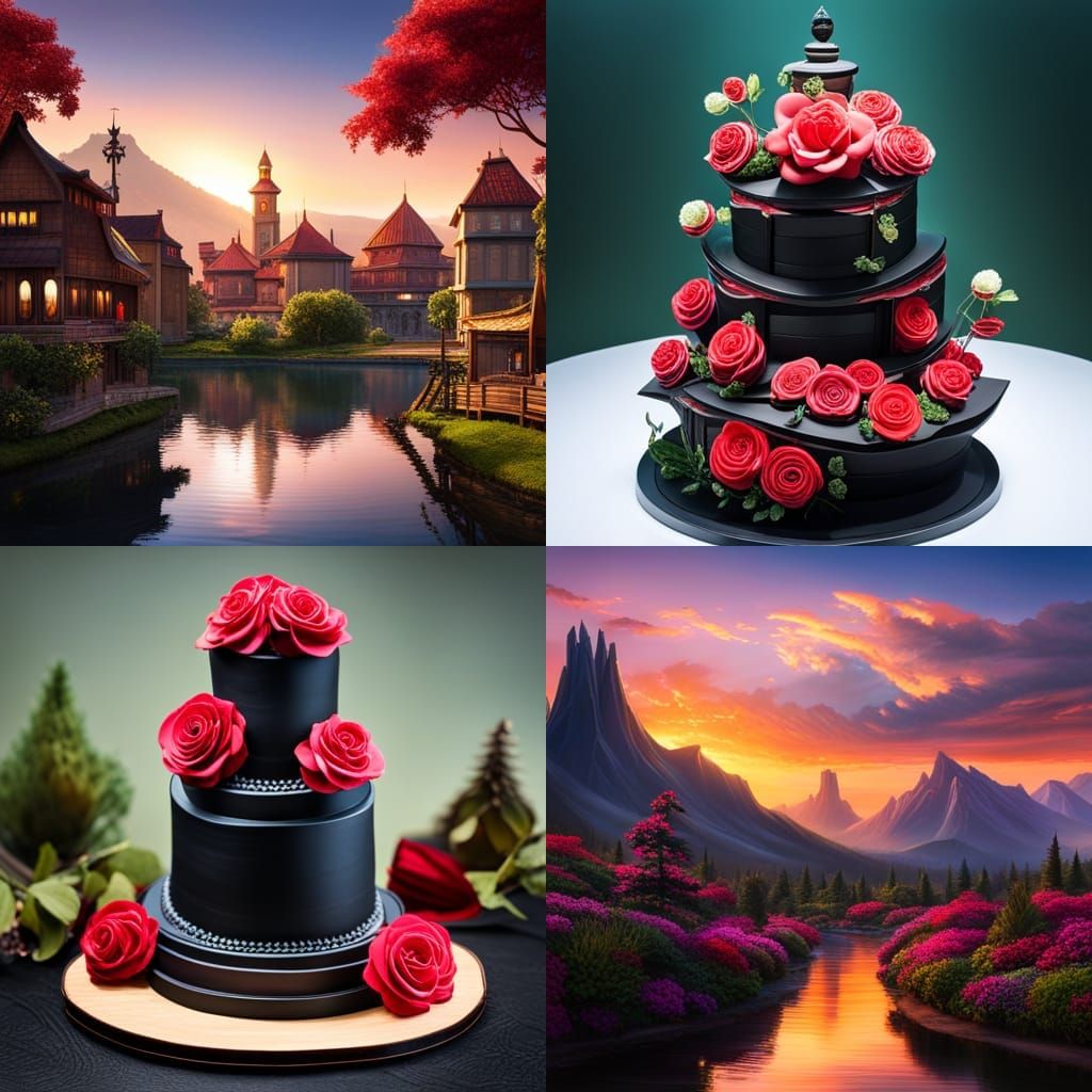 Gothic style cupcakes with black frosting, red black chocolate roses, black three tiered wedding cake with red lace, got...