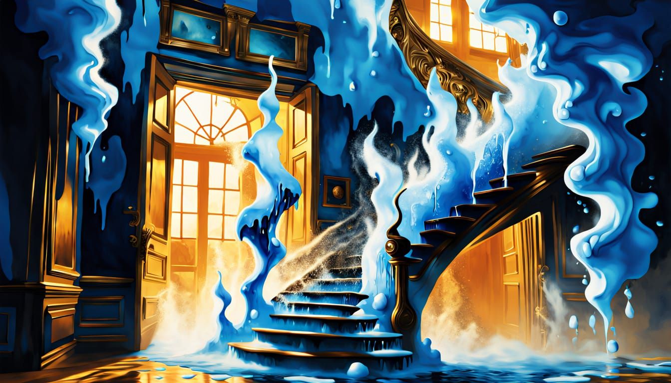 Surreal Staircase with Frozen Waterfall and Blue Flames