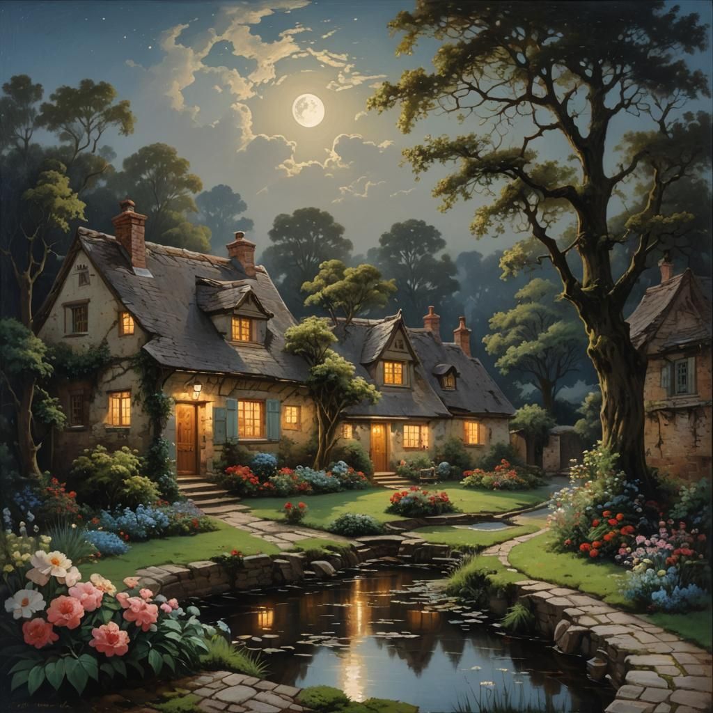 Moonlit Rococo Cottage Landscape Oil Painting
