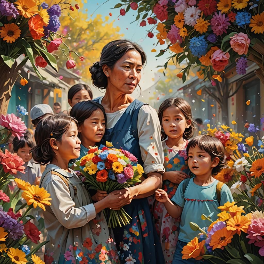 Mothers and Children with Flowers in Hyperrealistic Style