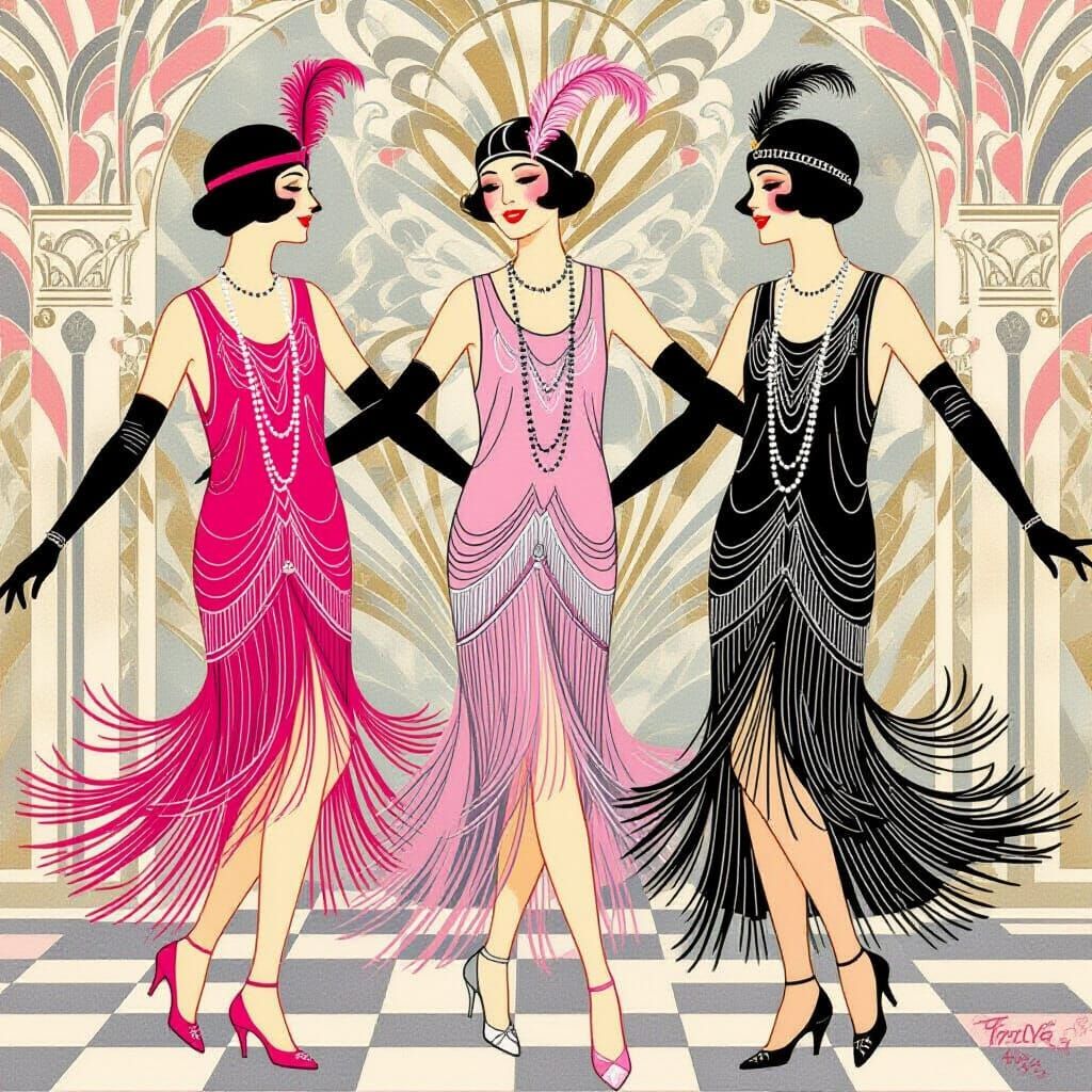 Flapper Girls Dancing Charleston in Art Deco Style