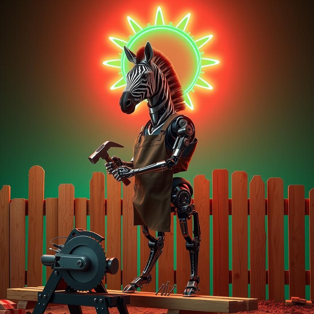 Robotic Zebra Craftsman in Dystopian Setting