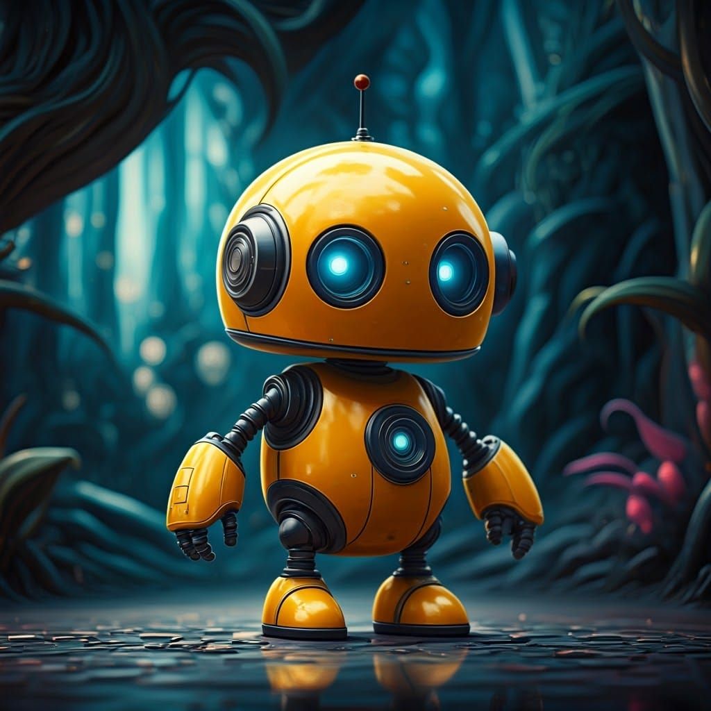 Intricate Yellow Robot in Dreamlike Landscape