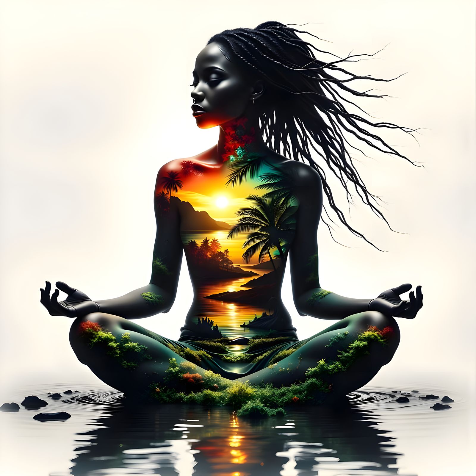 Meditative Rasta Goddess in Ethereal Landscape