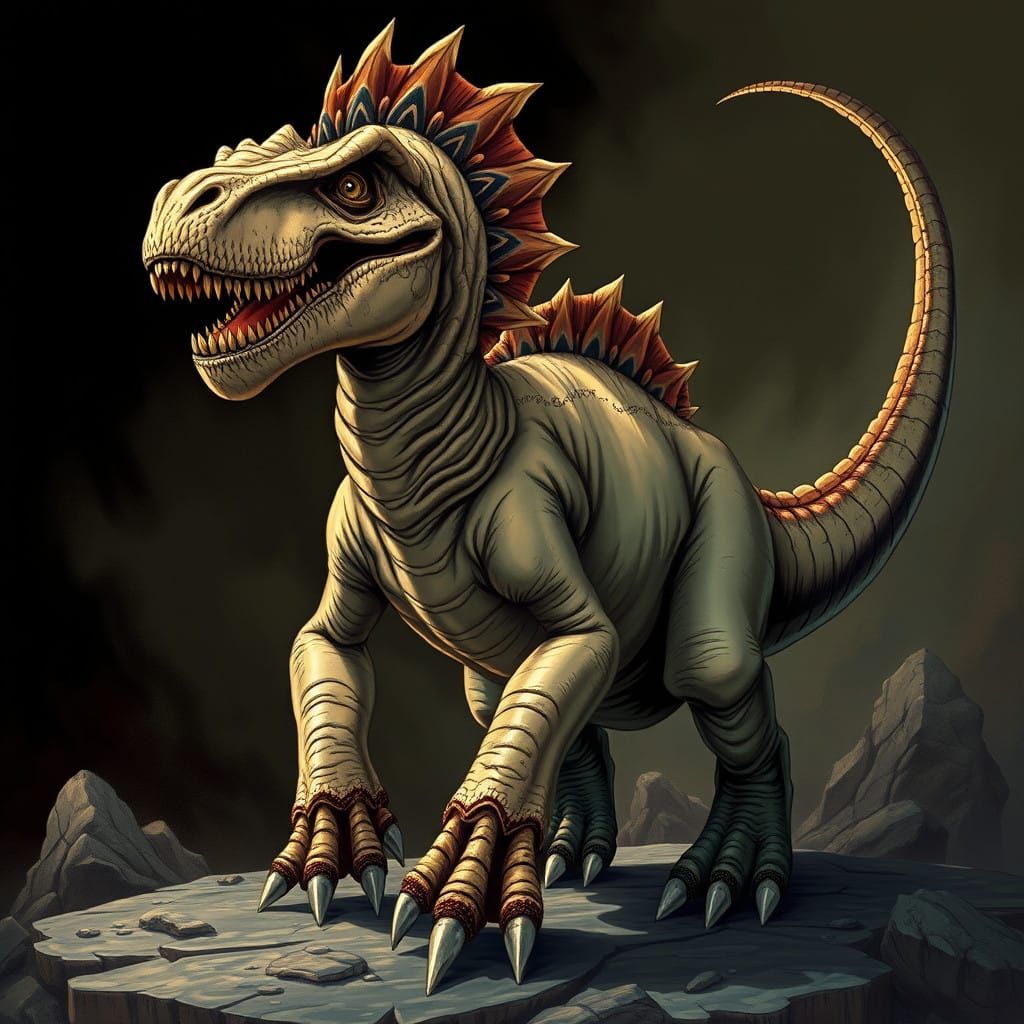 <lora:Baroque Style:1.0> a high detailed illustration of a dinosaurus, in clean oil ink airbrush style, cartoonized styl...