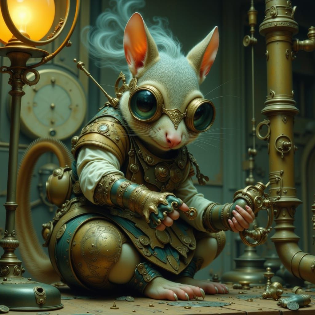 Steampunk Inventor Squirrel-Mouse Tinkers with Clockwork Dev...