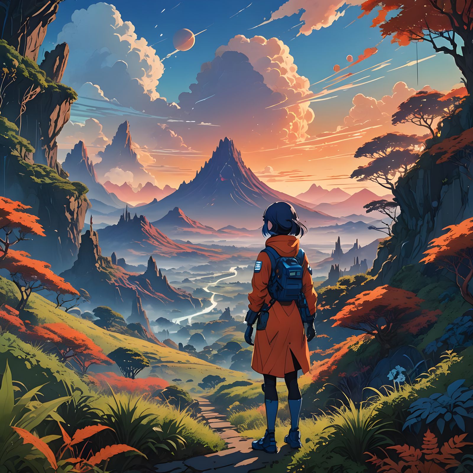 Surreal Anime Girl on Alien Planet in Vibrant Style