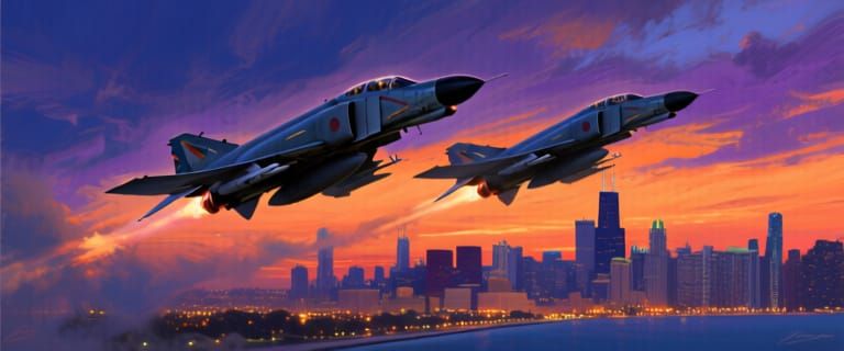 F-4E Phantom II Jets Over Chicago Skyline at Sunset