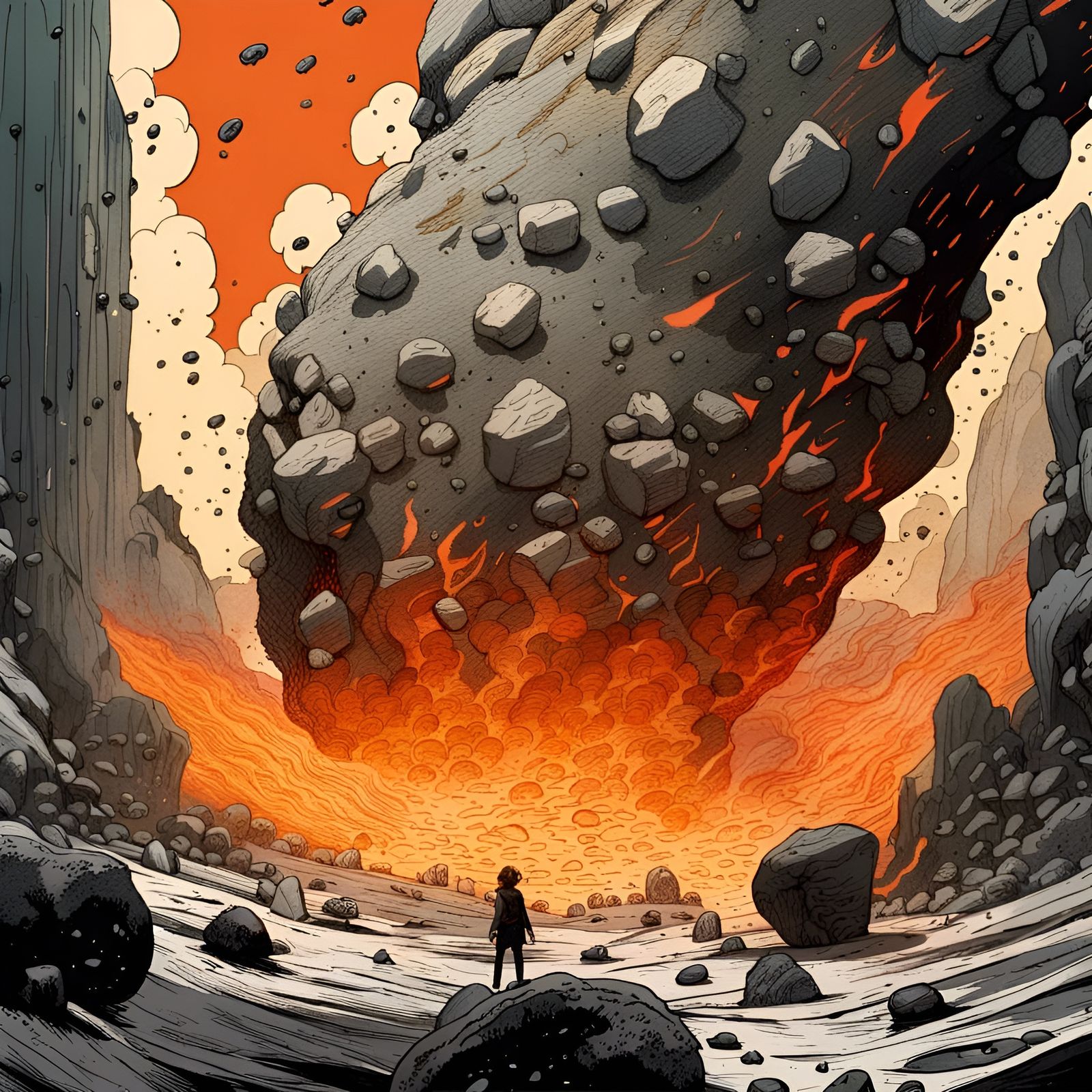 Cataclysmic Stone Hail: Futuristic Silk Screen Art