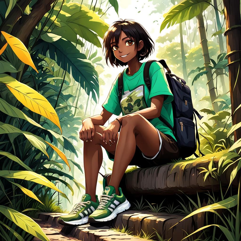 Anime Girl Exploring Jungle, Detailed Matte Painting