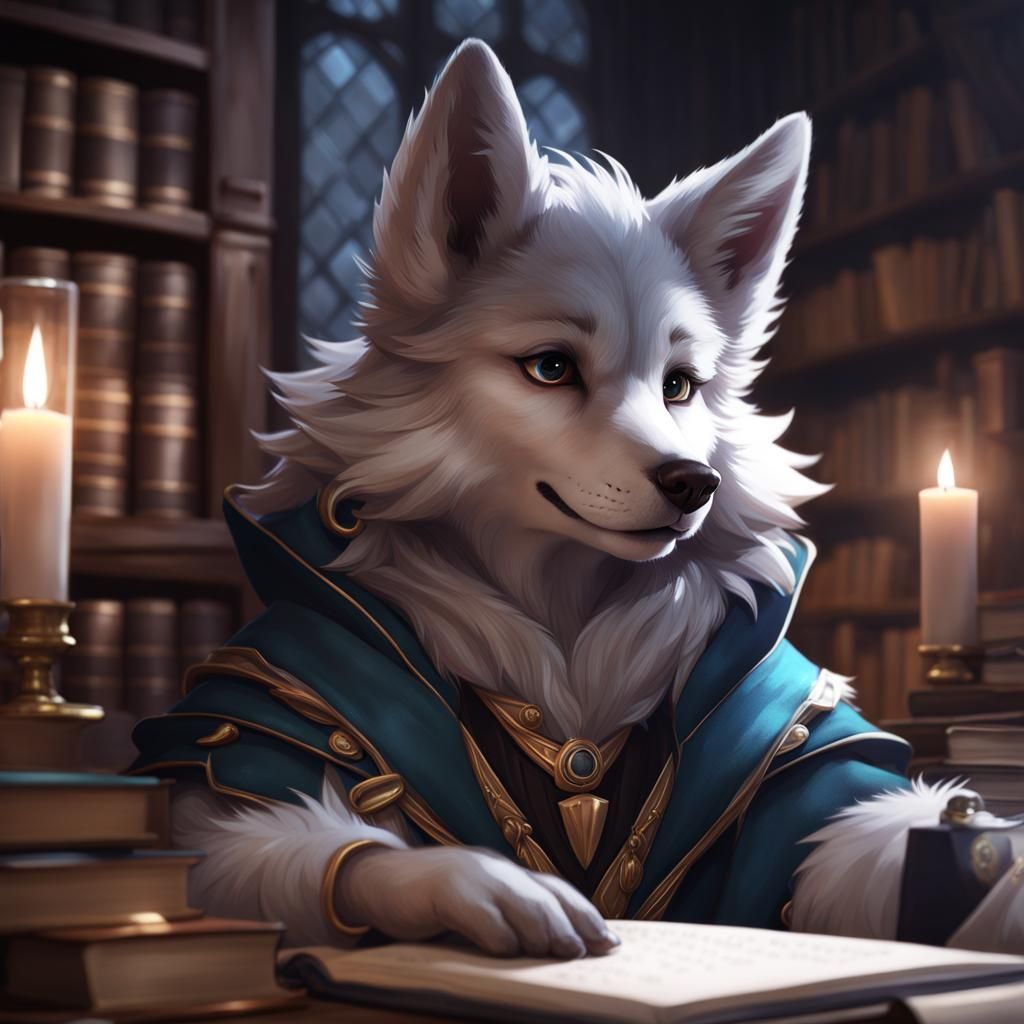 Adorable Wolf Wizard in Magical Study