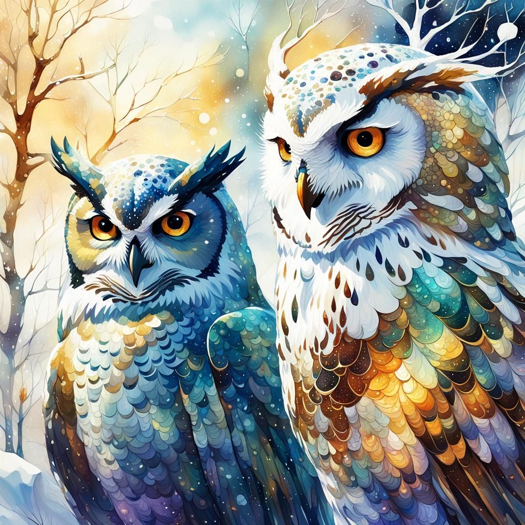 Snowman and Owl in Glimmering Digital Watercolor