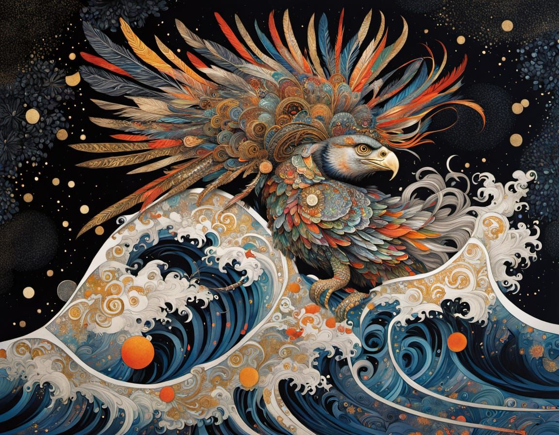 Deity Pilots Wave in Dreamscape, Art Nouveau Style