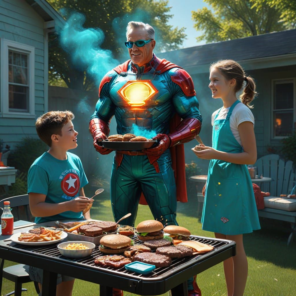 Superhero Dad Grilling with Laser Vision