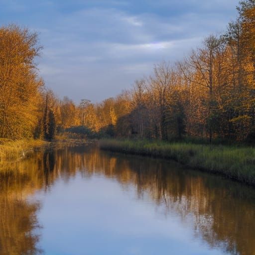 Serene River Forest Landscape in Golden Light