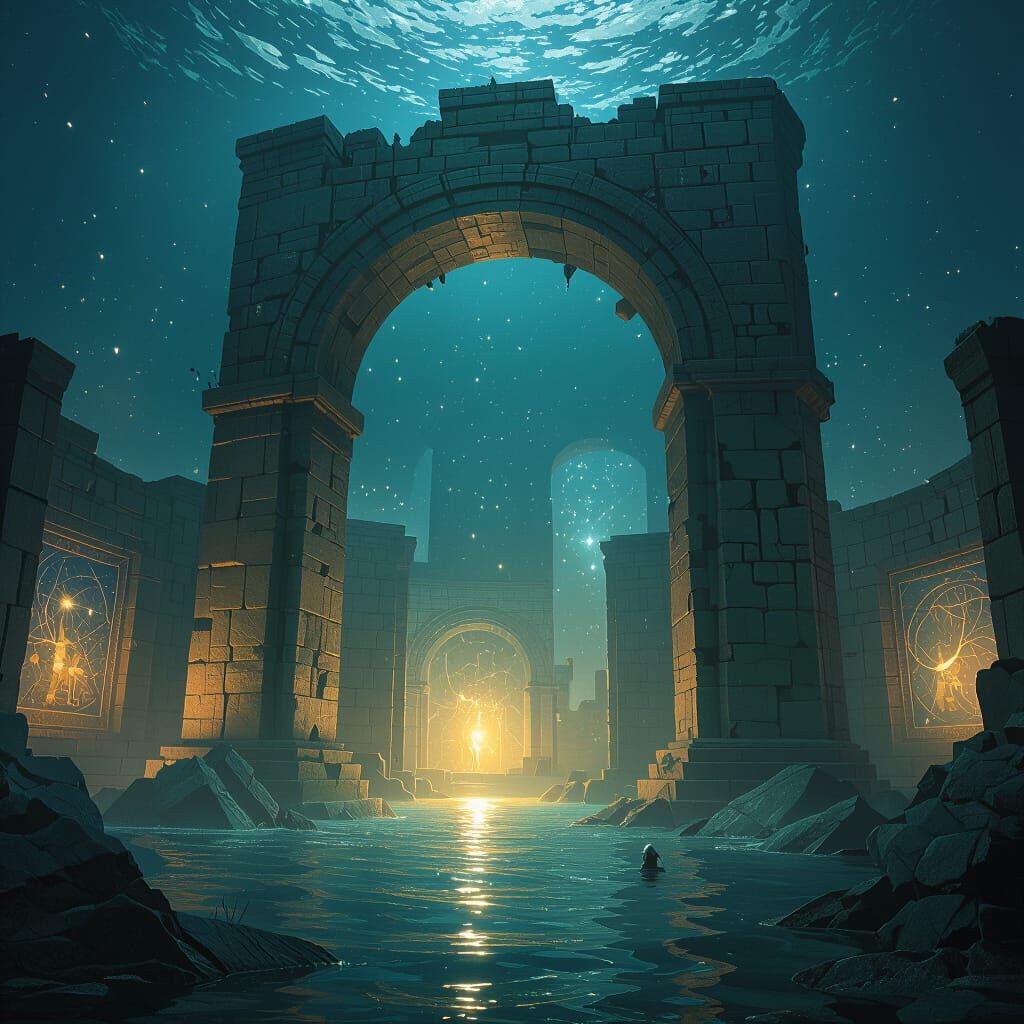 Drowned Observatory Ruins with Glowing Constellations