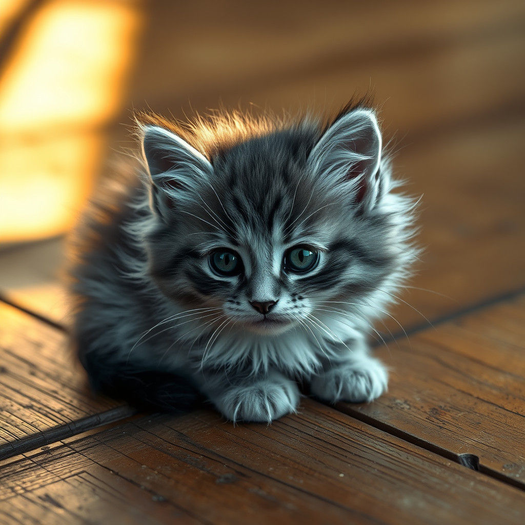 Grey Kitten on Wooden Floor: Charcoal Drawing
