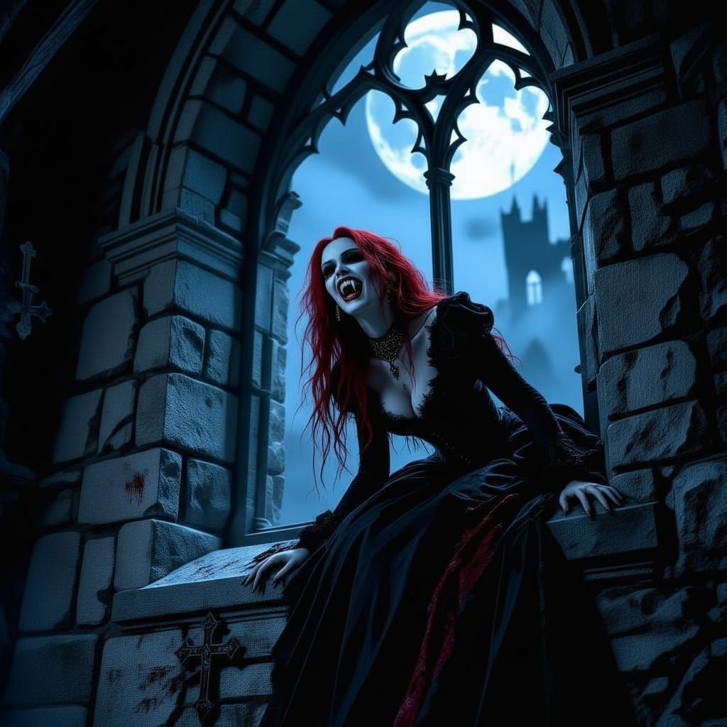 Demonic Lady in Gothic Castle with Moonlight