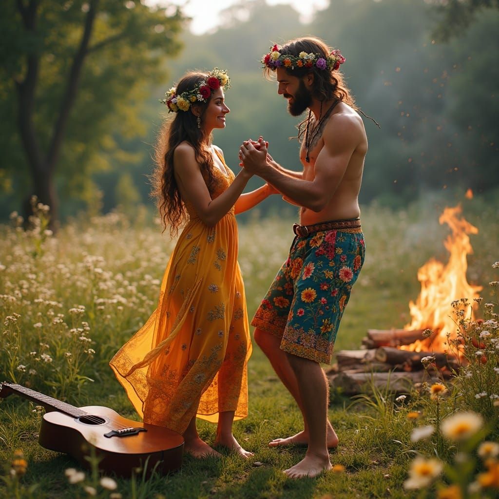 Boho Couple Dancing by Campfire in Wildflower Meadow