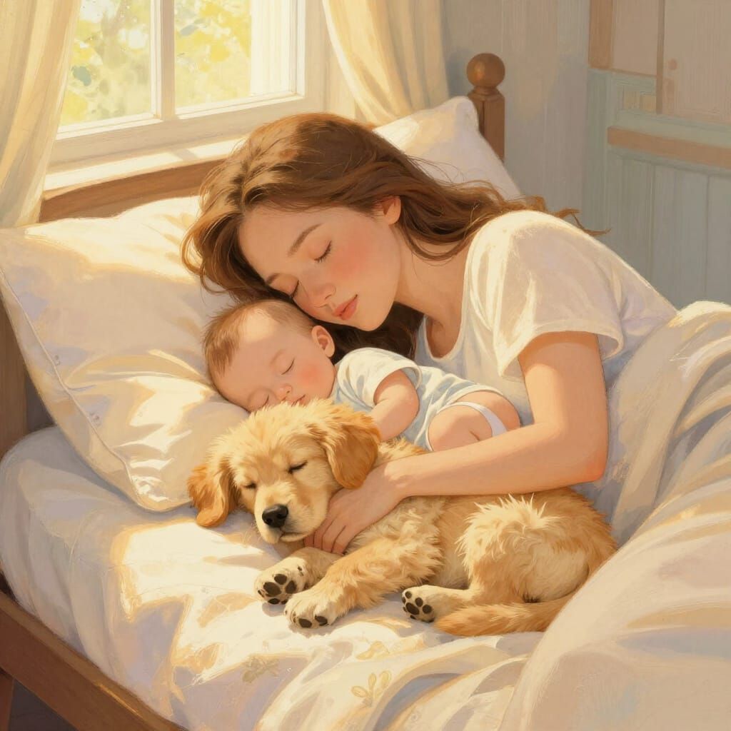 Baby Sleeps with Mother and Dog in Warm Storybook Style